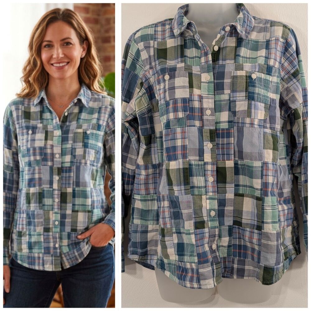 LL Bean Medium Madras Print Button Up Long Sleeve Patchwork Pattern Closet Pick